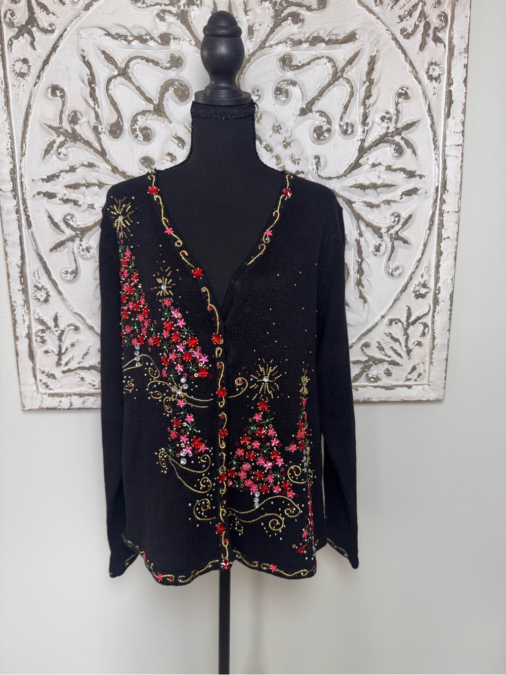 Vintage Kim Rogers L Black Christmas Tree Cardigan Beaded Sequin Embroidered Hol